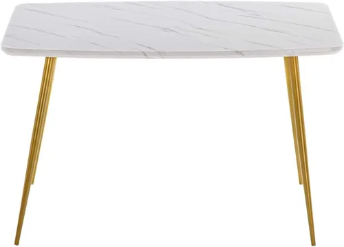 Vista 6 de Mesa de comedor rectangular de oro blanco, moderna y elegante, con patas de metal dorado para 4 a 6 personas, mesa de trabajo simple para oficina