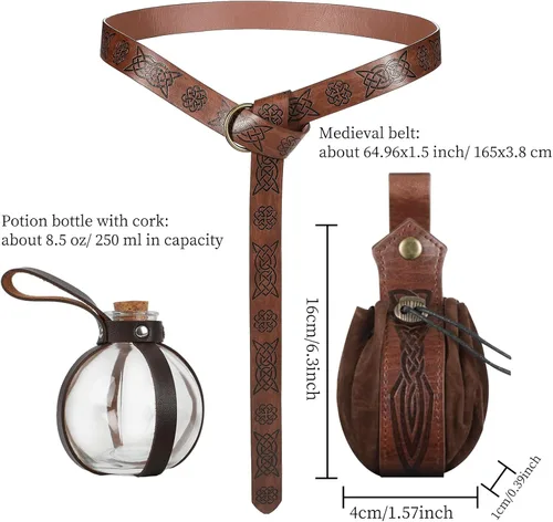 Vista 5 de Cinturón vikingo medieval, bolsa de cuero para cinturón de corcho, botella de poción de corcho, bolsa medieval, cinturón renacentista, accesorios