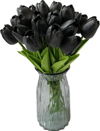 Vista 2 de UKELER 24 piezas de flores negras de tulipán, flores artificiales de poliuretano de tacto real para decoración del hogar, centros de mesa, arreglo