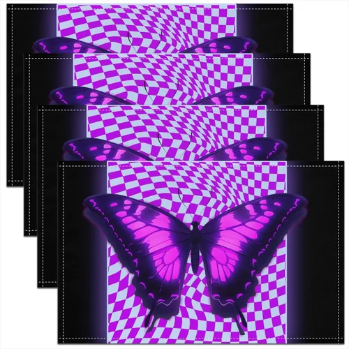 Vista 5 de Juego de 4 manteles individuales con diseño de mariposas y animales voladores de noche de ensueño de 12 x 18 pulgadas para mesa de cocina, tapetes