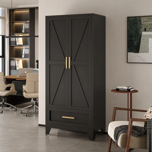 Vista 7 de LCAOPC Armario de metal de 71 pulgadas de alto con cajón y barra para colgar, armario de 2 puertas con estante para dormitorio, oficina, lavandería