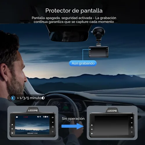 Vista 8 de AZDOME M01 Dual Dash Cam frontal y trasera con tarjeta gratuita de 64 GB, cámara de tablero dual de pantalla de 3" para automóvil, G-Sensor ADAS