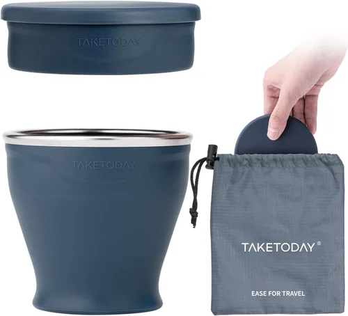 Vista 15 de TakeToday 2 vasos plegables de viaje de 8 onzas, taza de agua plegable de silicona, sin BPA con tapa y bolsa impermeable, juego de vasos para beber