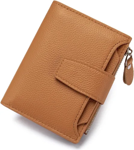 Vista 15 de Cartera de piel plegable con bloqueo RFID para mujer, tarjetero compacto con bolsillo con cremallera para monedas y 4 ventanas de identificación