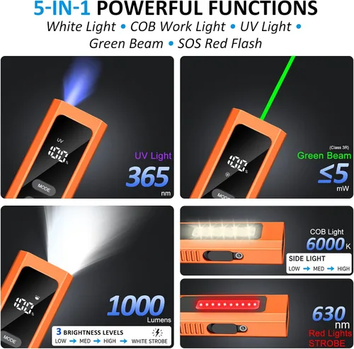 Vista 2 de 5-en-1 EDC linterna plana 1000LM, puntero verde UV luz roja estroboscópica