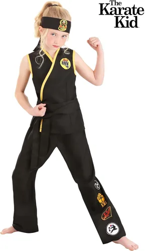Vista 2 de Disfraz de Cobra Kai de Karate Kid para niñas, Gi sin mangas negro con insignias y diadema de cobra negra