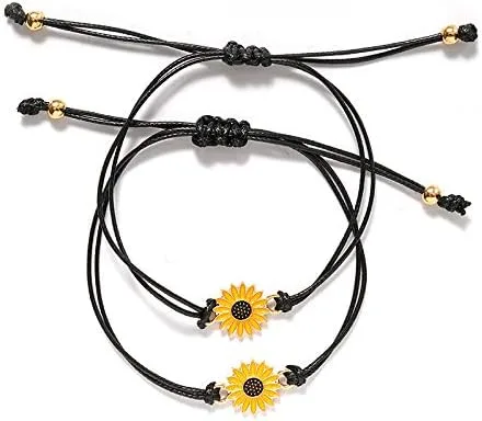 Vista 3 de Pulseras de girasol de moda para hombres y mujeres, hechas a mano, trenzadas con cuerda negra, dije de amistad, tarjeta de deseos, surf, joyería