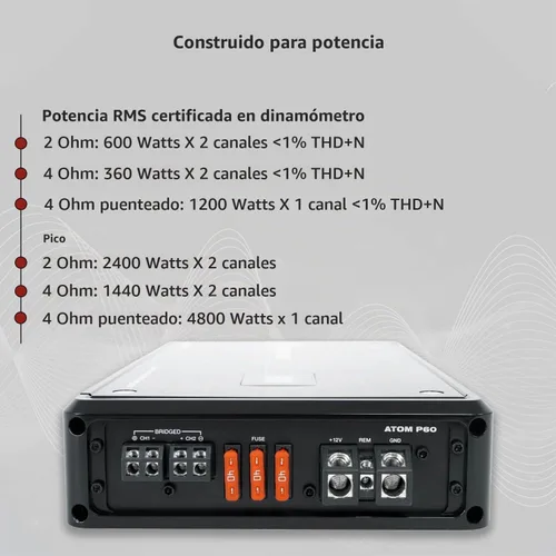 Vista 6 de Rockville Atom P60 Amplificador de 2 canales para coche/ATV, 1200 W RMS, pico de 4800 W