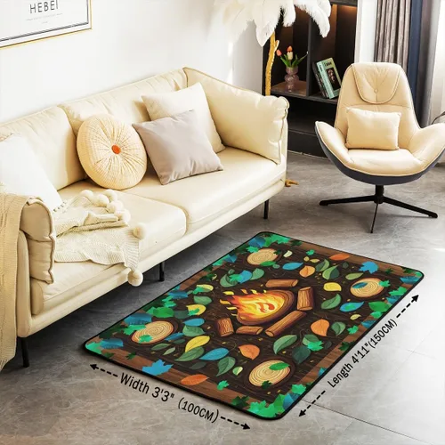 Vista 2 de Alfombra de fogata de 3 x 5 pies, decoración de tocones de árbol de bosque para niñas, mujeres, hombres y adolescentes, alfombra de madera marrón