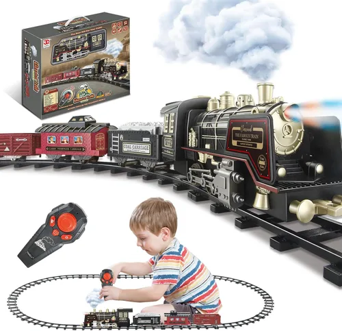 Vista 9 de JQ JUQU Juego de tren eléctrico de control remoto con vapor real, luces y sonido, tren de juguete para niños de 3 a 8 años con pistas completas