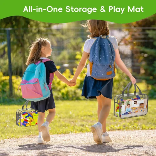 Vista 5 de Juego de 4 bolsas de almacenamiento de juguetes con cremallera para niños y niñas, bolsas organizadoras grandes de PVC con bolsillos laterales