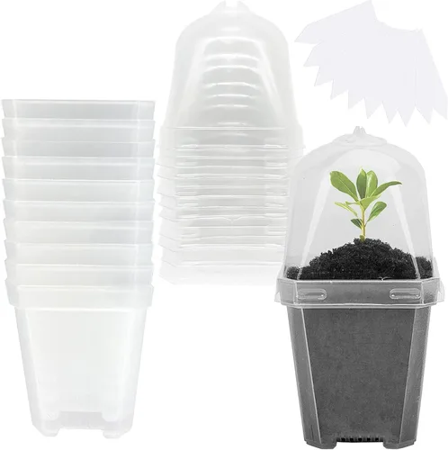 Vista 10 de EBaokuup 10 macetas transparentes para vivero de plantas con cúpula de humedad, maceta de plástico reutilizable de 3 pulgadas con etiquetas