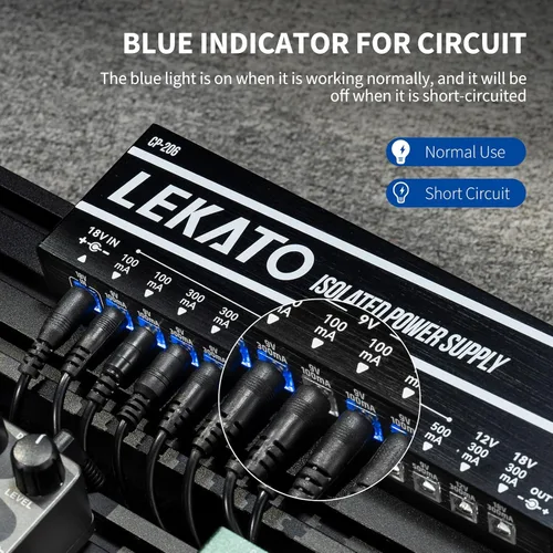 Vista 4 de LEKATO Fuente de alimentación para pedal de guitarra, fuente de alimentación aislada de 12 puertos, salida CC 9V/12V/18V, 100mA a 500mA para pedales