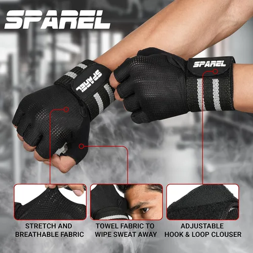 Vista 3 de SPAREL Guantes de entrenamiento para hombres con soporte para muñeca, guantes de levantamiento de pesas para hombres, guantes de gimnasio, guantes