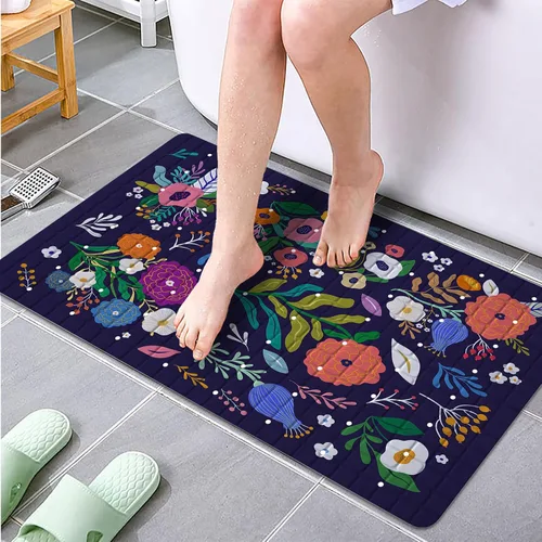 Vista 5 de Tapete de baño floral bohemio morado antideslizante con flores abstractas para ducha, tapete de baño botánico para bañera con ventosas y agujeros