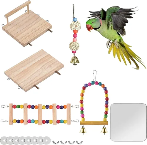 Vista 10 de Juego de juguetes de loros para pájaros, 8 unidades, madera natural, hamaca de perca con campana, accesorios de jaula para pájaros para periquitos