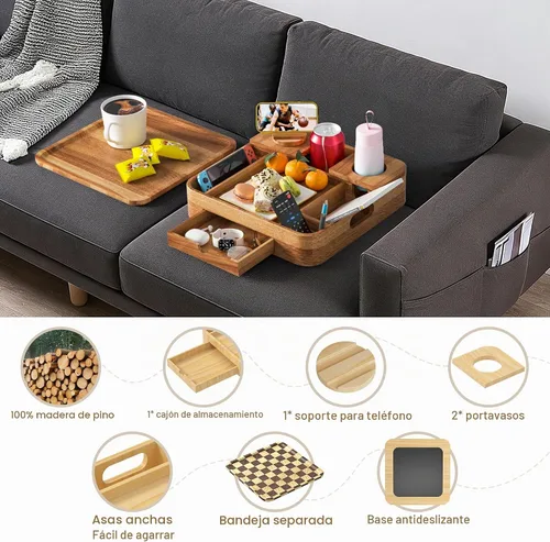 Vista 6 de Soporte para tazas de sofá, bandejas de madera de acacia de 2 niveles