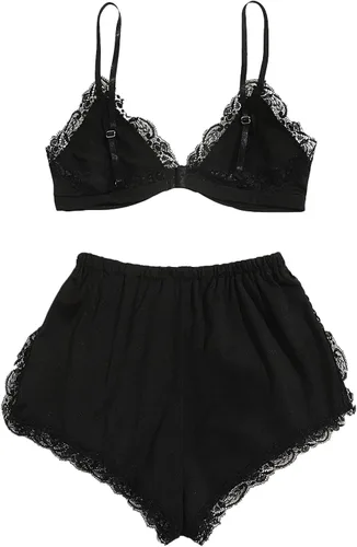 Vista 2 de SweatyRocks - Conjunto de ropa interior de lencería con borde de encaje, bralette con tirantes y calzón para mujer