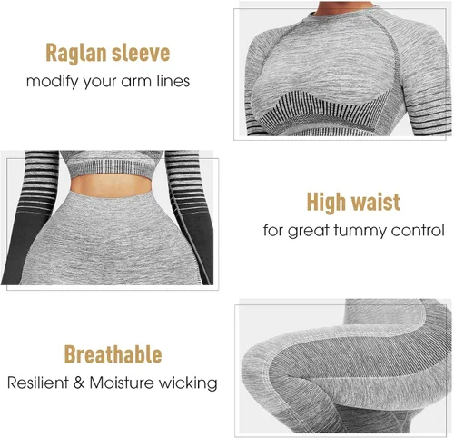 Vista 3 de JOYMODE - Conjunto de entrenamiento para mujer, diseño de 2 piezas con leggings de tiro alto sin costuras y camiseta corta , para yoga