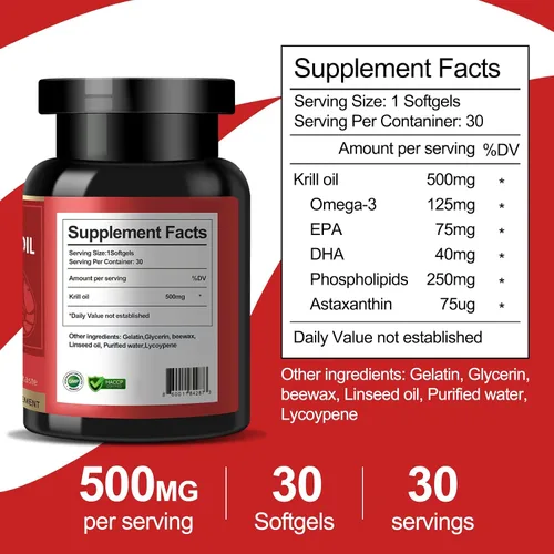 Vista 2 de Aceite de krill antártico 500 mg con omega-3, EPA, DHA y astaxantina y fosfolípidos, sin sabor a pescado, suplemento dietético para articulaciones