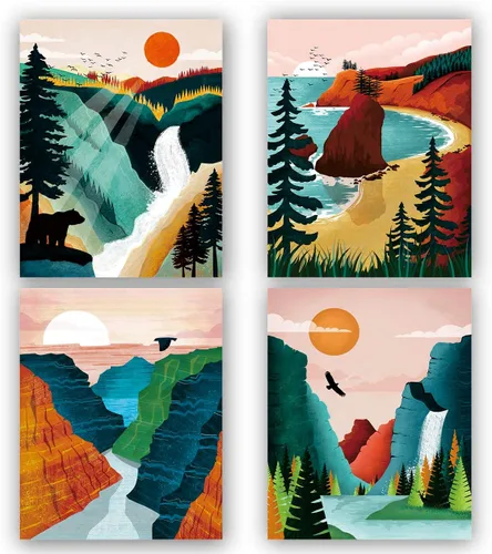 Vista 16 de TANXM 4 piezas de arte de pared de bosque a cuadros rojos y negros, impresiones de citas de aventuras salvajes con ciervo, oso lobo, decoración