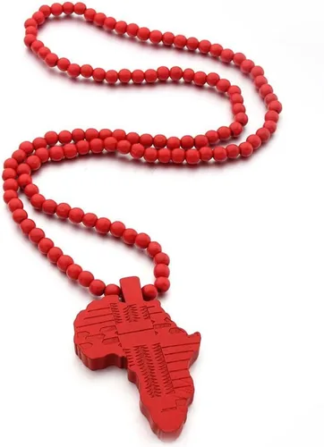 Vista 5 de Collar de cadena de cuentas de madera con dije de mapa de África, collar de hip hop, joyería de rapero para hombres