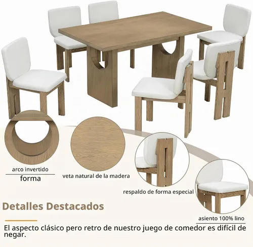 Vista 4 de Merax Juego de mesa de comedor de madera para 6, mesa rectangular/sillas tapizadas/diseño geométrico retro, ideal para comedor y cocina, natural
