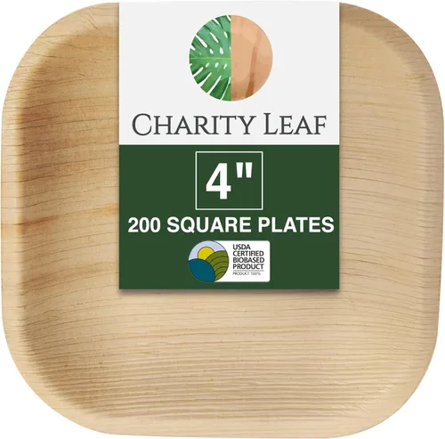 Vista 10 de Platos cuadrados desechables de 10 cm de Charity Leaf con forma de hoja de palma (50 piezas) Bandejas de servir tipo bambú, tablas desechables