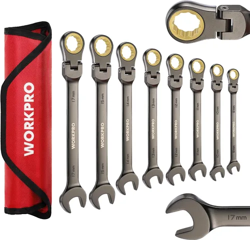 Vista 9 de WORKPRO Llave combinada de trinquete de 1/2 pulgada SAE, CR-V construida con cromado pulido espejo, diseño de 12 puntos, desplazamiento de 15 grados