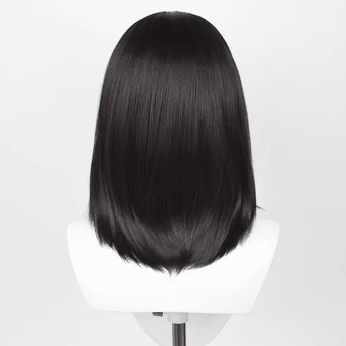 Vista 5 de Peluca de cabello sintético de 18 pulgadas18.1in, color negro Bob para mujeres y hombres, peluca de pelo sintético de longitud media para fiestas