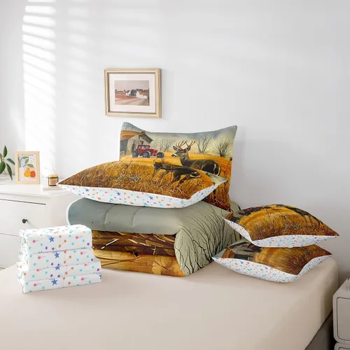 Vista 134 de Feelyou Juego de edredón de ciervo con sábanas – Tamaño Queen 7 piezas Juego de ropa de cama infantil de caza rústica – Cama de ciervo de cabaña