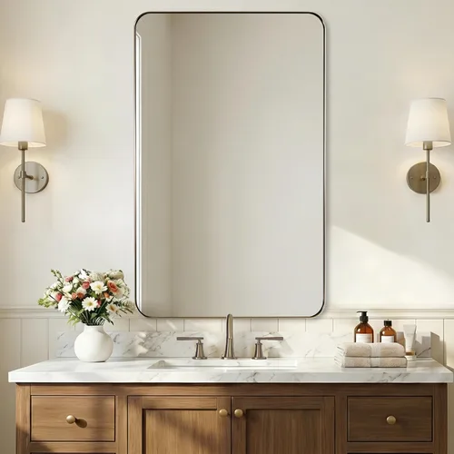 Vista 26 de ANDY STAR Espejo de pared cuadrado para baño, espejo de baño negro mate de 24 x 24 pulgadas, espejo de metal de esquina redondeada en marco de acero