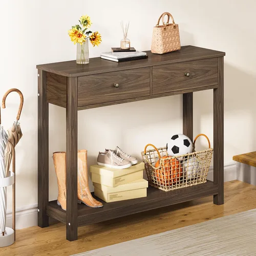 Vista 7 de Gizoon - Mesa de consola con 2 cajones, mesa de entrada de 2 niveles de madera con estantes de almacenamiento, mesa de sofá de 39" de ancho