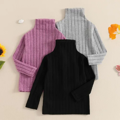 Vista 2 de Camiseta casual de manga larga con cuello alto para niñas, blusa básica de color sólido para niñas de 1 a 8 años Paquete de 3 - negro+rosa+gris