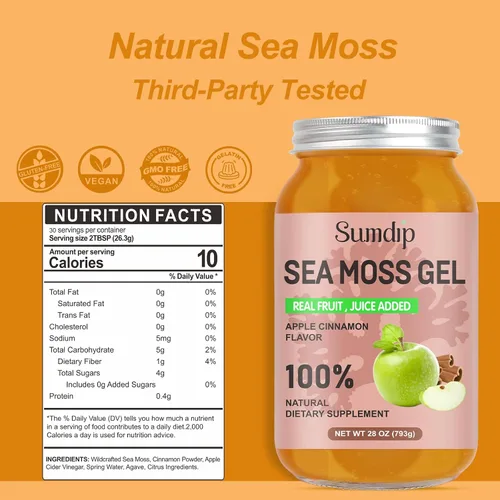 Vista 2 de Gel de Musgo Marino (28OZ), Gel de Seamoss Irlandés Crudo Vegano, Suplementos de Vitaminas y Minerales para el Sistema Inmune y Digestivo, Manzana