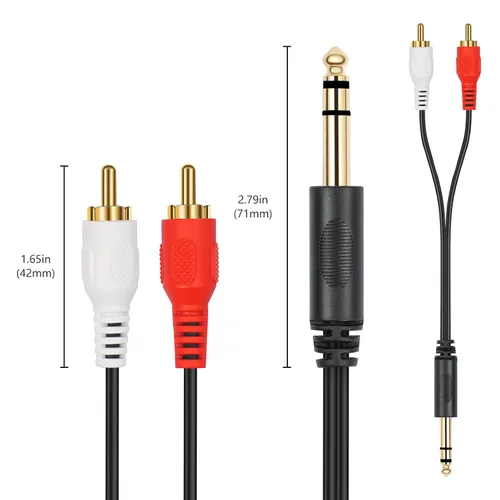 Vista 3 de Conector estéreo TRS macho chapado en oro de 0.250 in 1/4 pulgadas a 2 RCA Phono macho Audio Y Splitter Cable, conector de cable (4.9 ft)