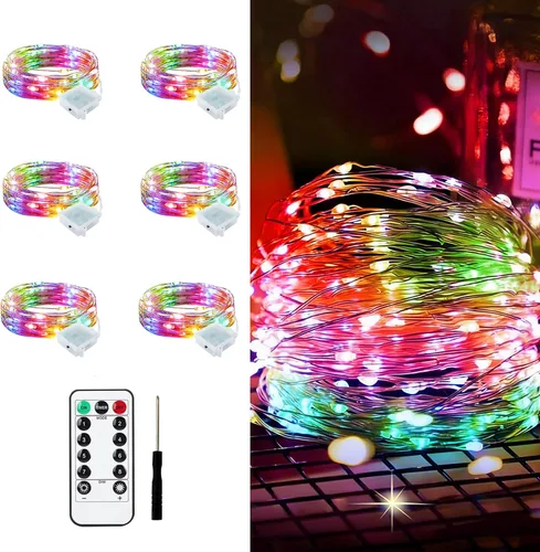 Vista 17 de Aogist Paquete de 24 luces de hadas, 3 modos, 2,1 metros, 20 luces LED, impermeables, cable plateado, funcionan con pilas, mini luces de alambre