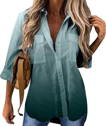 Vista 3 de Camiseta de manga hasta el codo para mujer, camiseta sin mangas con cuello en V, casual, con botones, para mujer
