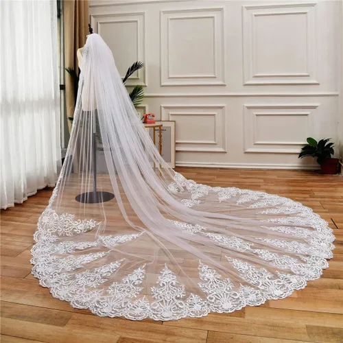 Vista 3 de Zhangyo Velo de novia de tul suave con peine de encaje largo velo catedral nupcial 9.8 ft gota velo pelo peine para novias CXL062
