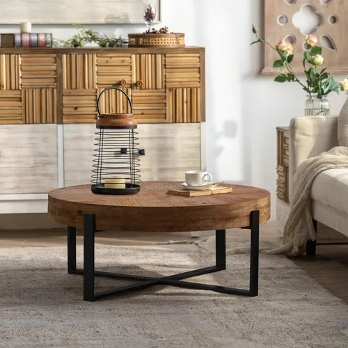 Vista 8 de Mesa de centro redonda de empalme retro moderna de 33.86 pulgadas, mesa de madera de abeto con base de patas cruzadas negras