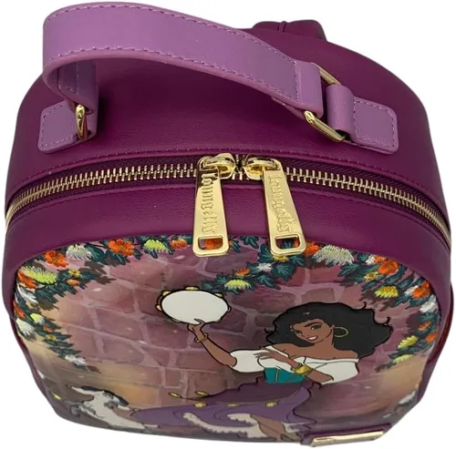 Vista 6 de Loungefly Disney Hunchback of Notre Dame Esmeralda - Mini bolso de hombro con doble correa, grabado con flores bordadas, Púrpura, Bolso de hombro