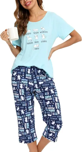 Vista 23 de ENJOYNIGHT Conjuntos de pijama de algodón para mujer, pijamas de verano con pantalones capri, ropa de dormir Gato negro