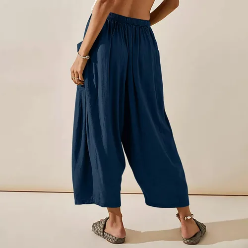 Vista 6 de Quinn - Pantalones de lino para mujer, talla grande, de pierna ancha, con bolsillos, holgados, hippie, harén, bohemios, para playa