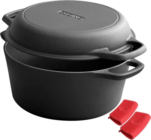 Vista 8 de EDGING CASTING Olla de hierro fundido pre-curada de 2 en 1 con tapa de sartén, juego de olla holandesa de 10" y olla de 3 cuartos de galón