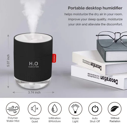 Vista 2 de Mini humidificador portátil de niebla fría, humidificador de escritorio personal USB de 16.9 fl oz para dormitorio de bebé, viajes, oficina, hogar