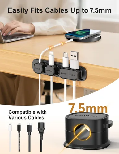 Vista 7 de Paquete de 6 clips magnéticos para cables [apertura/bloqueo en 1s], organizador y sujetador de cables Laitver con adhesivo fuerte para escritorio