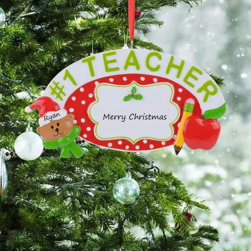 Vista 2 de Adorno de Navidad personalizado para el mejor maestro, adorno para profesor #1, adorno de recuerdo escolar de poliresina, regalo de agradecimiento