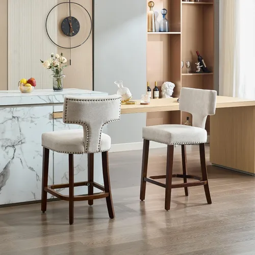 Vista 10 de Set of 2 Counter Height Bar Stools with Farmhouse Linen Upholstery, Curved Backrest Dining Chairs with Hardwood Frame for Kitchen Counter, Table &