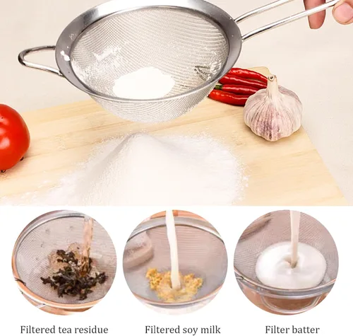 Vista 3 de Colador de malla fina de 3.2, 4.7, 7.1 pulgadas, colador de acero inoxidable con asa, coladores de cocina, tamizar, drenar y enjuagar verduras