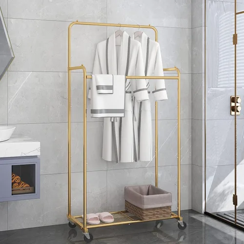 Vista 5 de Simple Trending - Perchero para ropa de doble varilla, estante resistente con ruedas para colgar ropa, con 4 ganchos, color dorado